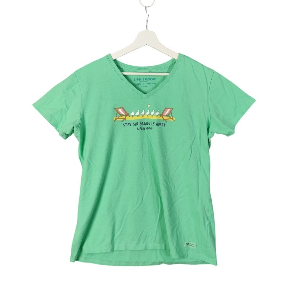 Life is Good Crusher Tee Stay Six Seagulls Apart‎ V-Neck T-Shirt Large - Picture 2 of 8